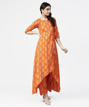 Orange printed 3/4th sleeve assymetric kurta with ankle length pant