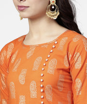 Orange printed 3/4th sleeve assymetric kurta with ankle length pant