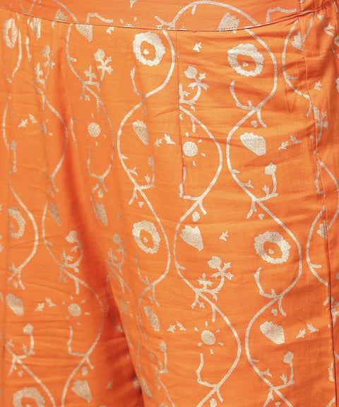 Orange printed 3/4th sleeve assymetric kurta with ankle length pant