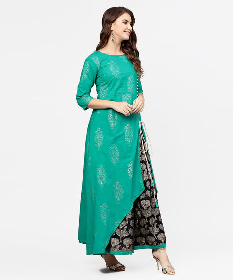 Green 3/4th sleeve cotton Assymetric kurta with black printed skirt