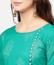Green 3/4th sleeve cotton Assymetric kurta with black printed skirt
