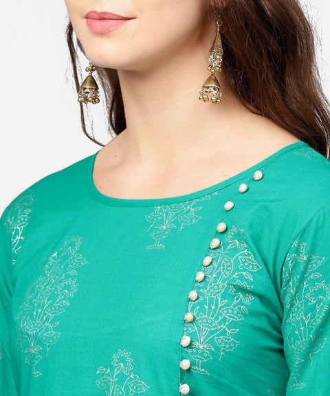 Green 3/4th sleeve cotton Assymetric kurta with black printed skirt