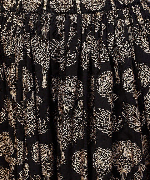 Green 3/4th sleeve cotton Assymetric kurta with black printed skirt