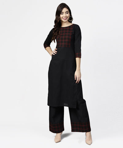 Black 3/4th sleeve yoke printed kurta with ankle length pallazo