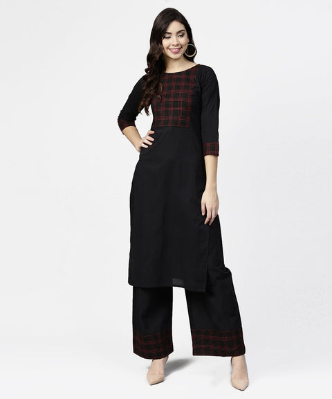 Black 3/4th sleeve yoke printed kurta with ankle length pallazo