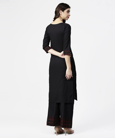 Black 3/4th sleeve yoke printed kurta with ankle length pallazo