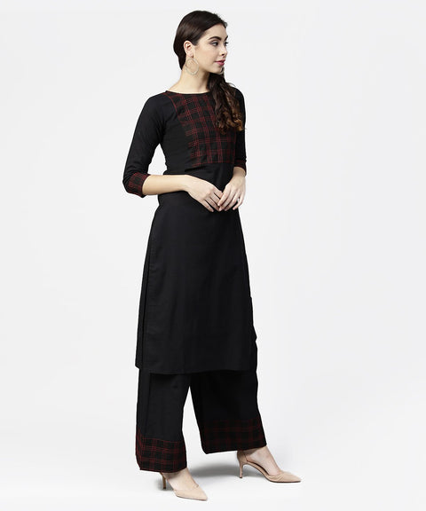 Black 3/4th sleeve yoke printed kurta with ankle length pallazo