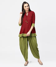 Aasi - House of Nayo Maroon 3/4th sleeve rayon tunic with printed border