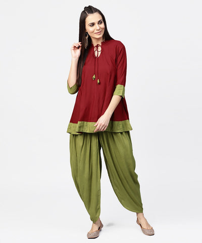 Aasi - House of Nayo Maroon 3/4th sleeve rayon tunic with printed border