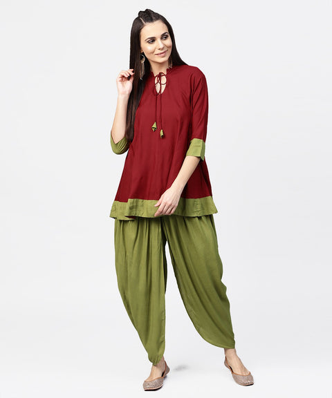 Aasi - House of Nayo Maroon 3/4th sleeve rayon tunic with printed border