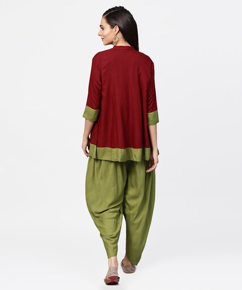 Aasi - House of Nayo Maroon 3/4th sleeve rayon tunic with printed border