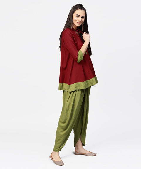 Aasi - House of Nayo Maroon 3/4th sleeve rayon tunic with printed border