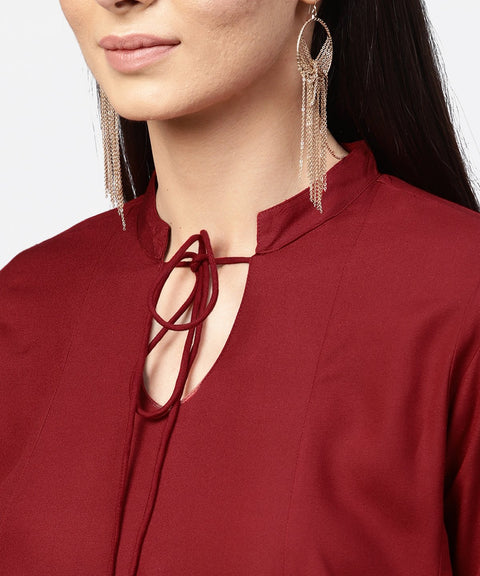 Aasi - House of Nayo Maroon 3/4th sleeve rayon tunic with printed border