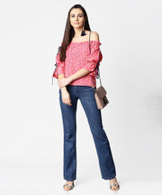 Pink printed half sleeve top with adjustable drawstrings neckline