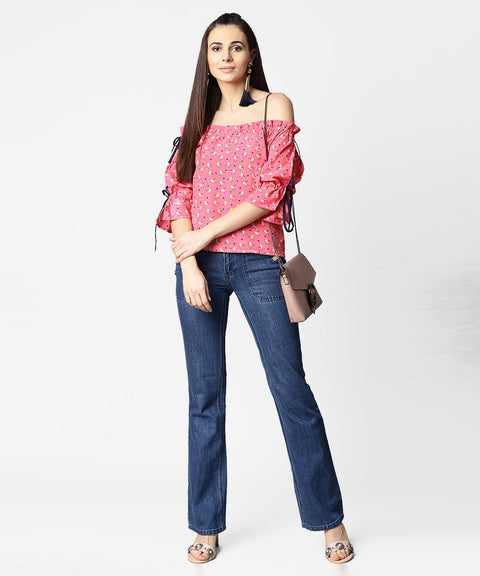 Pink printed half sleeve top with adjustable drawstrings neckline