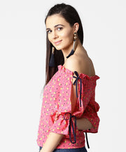 Pink printed half sleeve top with adjustable drawstrings neckline