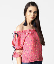 Pink printed half sleeve top with adjustable drawstrings neckline