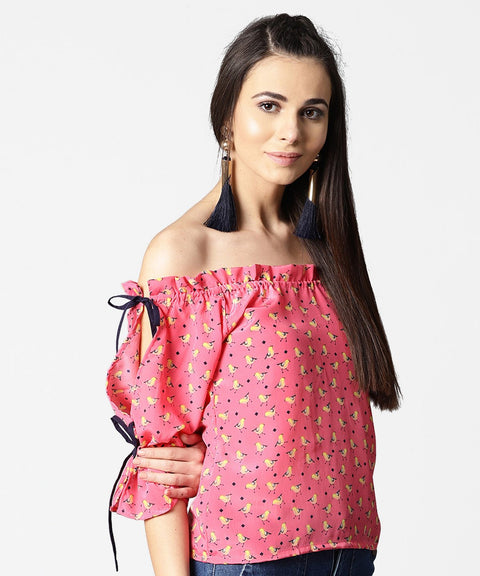 Pink printed half sleeve top with adjustable drawstrings neckline