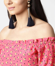 Pink printed half sleeve top with adjustable drawstrings neckline