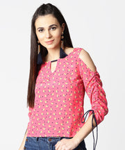 Pink printed cold shoulder top with key hole neck & adjustable drawstrings gathered sleeves