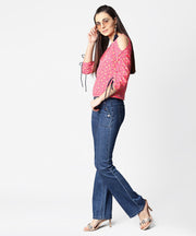 Pink printed cold shoulder top with key hole neck & adjustable drawstrings gathered sleeves