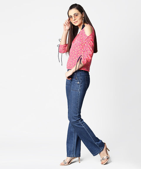 Pink printed cold shoulder top with key hole neck & adjustable drawstrings gathered sleeves