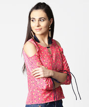 Pink printed cold shoulder top with key hole neck & adjustable drawstrings gathered sleeves