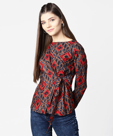 Blue & red printed full sleeve tops
