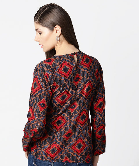 Blue & red printed full sleeve tops
