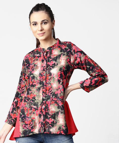 Black & Pink printed 3/4th sleeve tops with side gathered