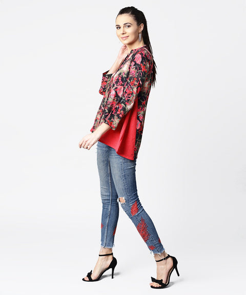 Black & Pink printed 3/4th sleeve tops with side gathered