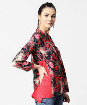 Black & Pink printed 3/4th sleeve tops with side gathered