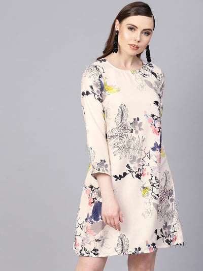 Off white printed 3/4th sleeve A-line dress