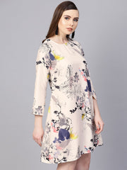 Off white printed 3/4th sleeve A-line dress