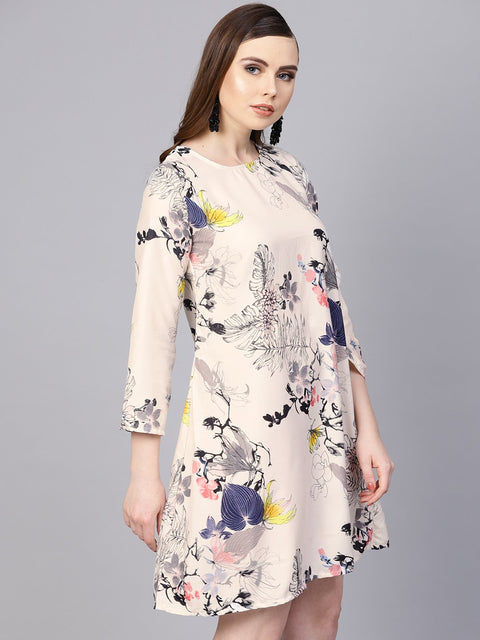 Off white printed 3/4th sleeve A-line dress