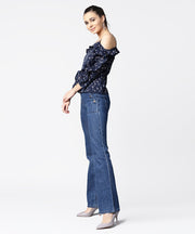 Cold shoulder navy blue printed draw string top with ruffled neck & sleeve