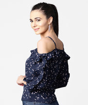 Cold shoulder navy blue printed draw string top with ruffled neck & sleeve