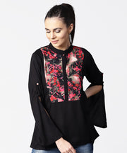 Black full sleeve rayon tops with printed yoke