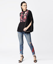 Black full sleeve rayon tops with printed yoke