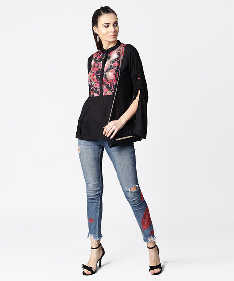 Black full sleeve rayon tops with printed yoke