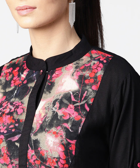 Black full sleeve rayon tops with printed yoke