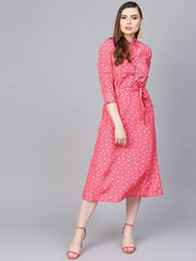 Pink 3/4th sleeve A-line dress with belt