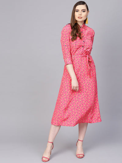 Pink 3/4th sleeve A-line dress with belt