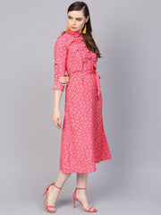 Pink 3/4th sleeve A-line dress with belt
