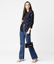 Navy blue full sleeve rayon tops with side slit