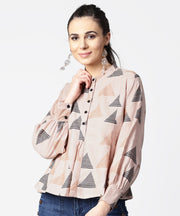 Beige full sleeve tops with button at yoke