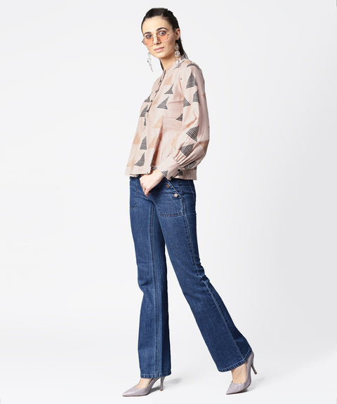 Beige full sleeve tops with button at yoke