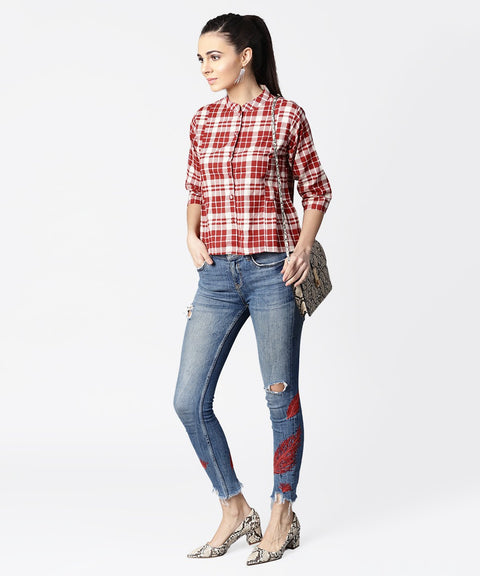 Red checked 3/4th sleeve cotton crop tops