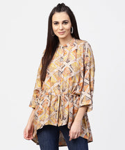 Beige printed short flared sleeve rayon tunic