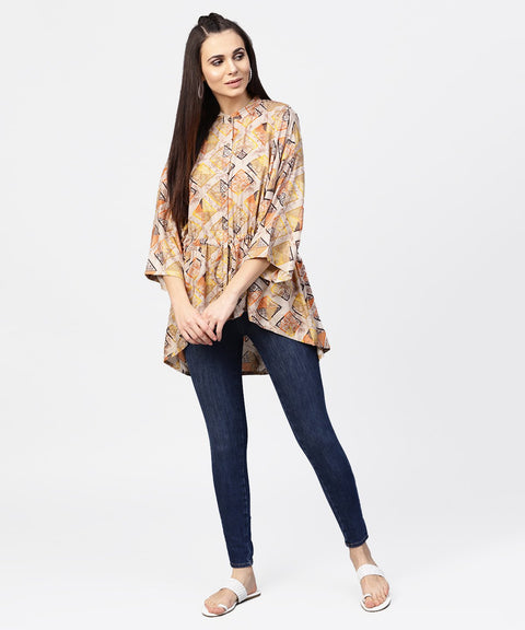 Beige printed short flared sleeve rayon tunic